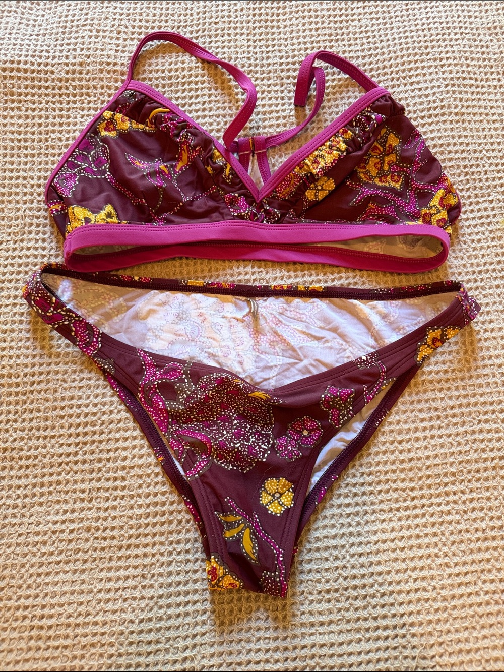 Patagonia Burgundy Floral Bikini with Pink Trim